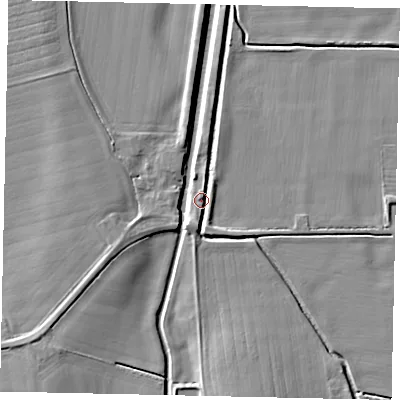 Shaded relief map of the ground around LN83LY, computed from Environment Agency LiDAR. The ground here sits at about 6 m above sea level and falls 6 m across the surrounding 800 m. Surface water reaching this point runs off ground lying to the south-south-east, 4.9 m higher.