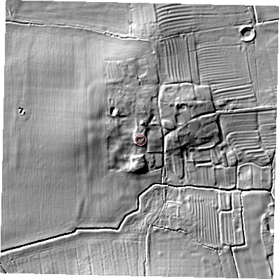 Shaded relief map of the ground around LN83NE, computed from Environment Agency LiDAR. The ground here sits at about 14 m above sea level and falls 8 m across the surrounding 800 m. Surface water reaching this point runs off ground lying to the north-north-east, 1.9 m higher.
