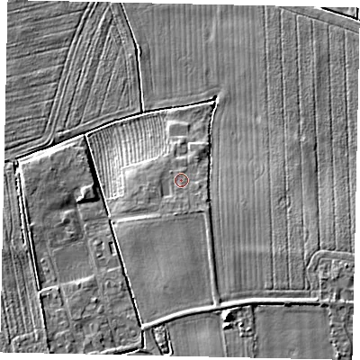 Shaded relief map of the ground around LN83NQ, computed from Environment Agency LiDAR. The ground here sits at about 14 m above sea level and falls 8 m across the surrounding 800 m. Surface water reaching this point runs off ground lying to the south, 1.2 m higher.