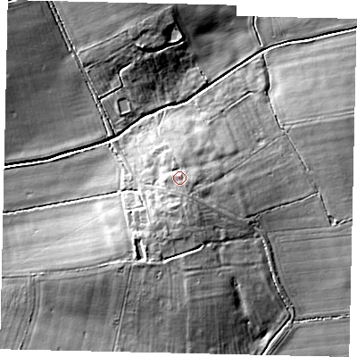 Shaded relief map of the ground around LN83PJ, computed from Environment Agency LiDAR. The ground here sits at about 18 m above sea level and falls 9 m across the surrounding 800 m. Surface water reaching this point runs off ground lying to the south-south-east, 2.0 m higher.