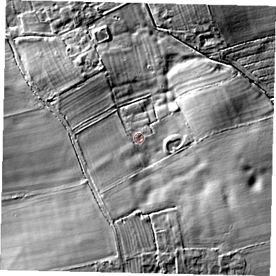 Shaded relief map of the ground around LN83PP, computed from Environment Agency LiDAR. The ground here sits at about 19 m above sea level and falls 16 m across the surrounding 800 m. Surface water reaching this point runs off ground lying to the south-south-west, 6.4 m higher.