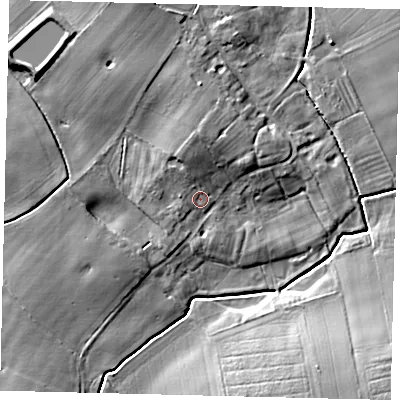 Shaded relief map of the ground around LN83QW, computed from Environment Agency LiDAR. The ground here sits at about 37 m above sea level and falls 13 m across the surrounding 800 m. Surface water reaching this point runs off ground lying to the north-north-west, 5.1 m higher.