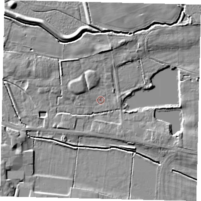 Shaded relief map of the ground around LN83RD, computed from Environment Agency LiDAR. The ground here sits at about 26 m above sea level and falls 8 m across the surrounding 800 m. Surface water reaching this point runs off ground lying to the east-south-east, 4.5 m higher.