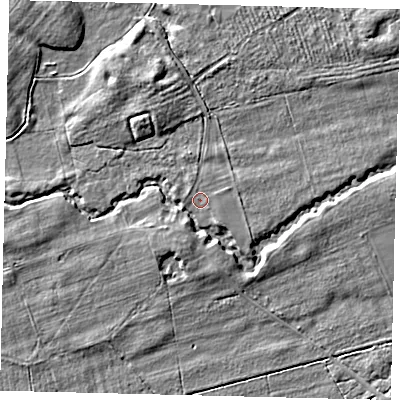 Shaded relief map of the ground around LN83RQ, computed from Environment Agency LiDAR. The ground here sits at about 34 m above sea level and falls 7 m across the surrounding 800 m. Surface water reaching this point runs off ground lying to the east, 4.8 m higher.