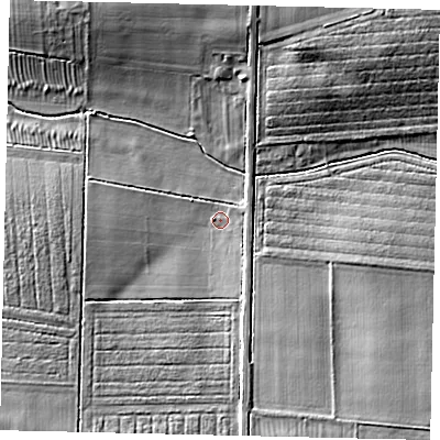 Shaded relief map of the ground around LN83RZ, computed from Environment Agency LiDAR. The ground here sits at about 22 m above sea level and falls 9 m across the surrounding 800 m. Surface water reaching this point runs off ground lying to the south, 5.8 m higher.