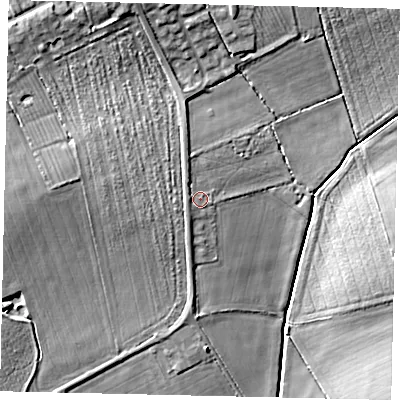 Shaded relief map of the ground around LN83SF, computed from Environment Agency LiDAR. The ground here sits at about 19 m above sea level and falls 11 m across the surrounding 800 m. Surface water reaching this point runs off ground lying to the west, 1.6 m higher.