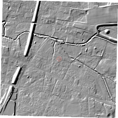 Shaded relief map of the ground around LN83SP, computed from Environment Agency LiDAR. The ground here sits at about 25 m above sea level and falls 11 m across the surrounding 800 m. Surface water reaching this point runs off ground lying to the south-south-west, 0.6 m higher.