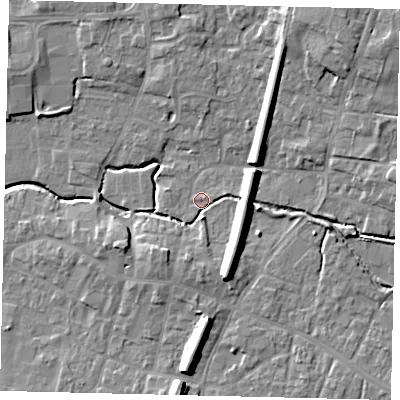 Shaded relief map of the ground around LN83SS, computed from Environment Agency LiDAR. The ground here sits at about 23 m above sea level and falls 12 m across the surrounding 800 m. Surface water reaching this point runs off ground lying to the south-south-east, 8.7 m higher.