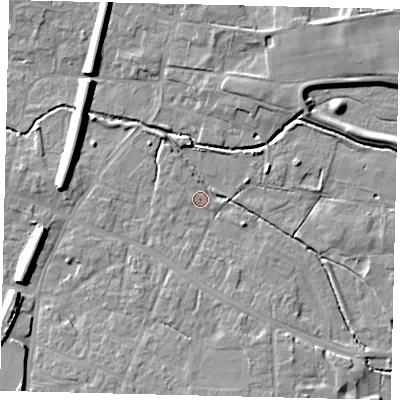 Shaded relief map of the ground around LN83ST, computed from Environment Agency LiDAR. The ground here sits at about 24 m above sea level and falls 9 m across the surrounding 800 m. Surface water reaching this point runs off ground lying to the east-north-east, 6.5 m higher.