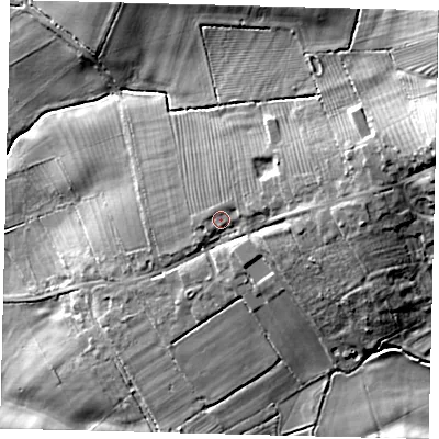 Shaded relief map of the ground around LN83SU, computed from Environment Agency LiDAR. The ground here sits at about 53 m above sea level and falls 31 m across the surrounding 800 m. Surface water reaching this point runs off ground lying to the east-north-east, 11.6 m higher.