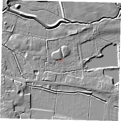 Shaded relief map of the ground around LN83TH, computed from Environment Agency LiDAR. The ground here sits at about 27 m above sea level and falls 8 m across the surrounding 800 m. Surface water reaching this point runs off ground lying to the north-north-east, 2.2 m higher.