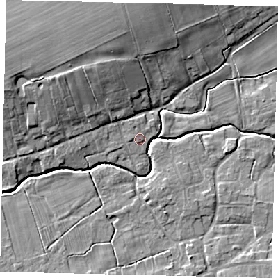 Shaded relief map of the ground around LN83TN, computed from Environment Agency LiDAR. The ground here sits at about 18 m above sea level and falls 13 m across the surrounding 800 m. Surface water reaching this point runs off ground lying to the west, 1.0 m higher.