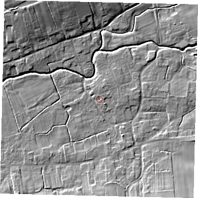 Shaded relief map of the ground around LN83TR, computed from Environment Agency LiDAR. The ground here sits at about 18 m above sea level and falls 12 m across the surrounding 800 m. Surface water reaching this point runs off ground lying to the south-east, 8.5 m higher.