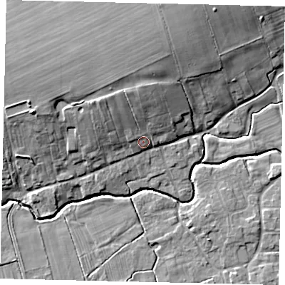 Shaded relief map of the ground around LN83TS, computed from Environment Agency LiDAR. The ground here sits at about 21 m above sea level and falls 14 m across the surrounding 800 m. Surface water reaching this point runs off ground lying to the north-north-west, 6.6 m higher.