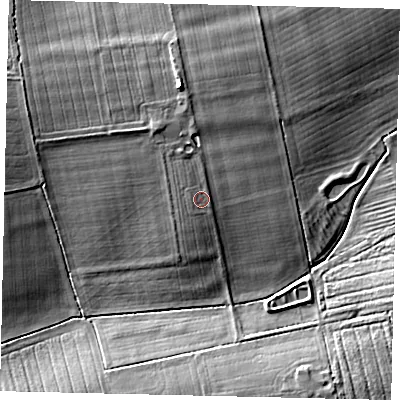 Shaded relief map of the ground around LN83TT, computed from Environment Agency LiDAR. The ground here sits at about 22 m above sea level and falls 12 m across the surrounding 800 m. Surface water reaching this point runs off ground lying to the north, 2.5 m higher.