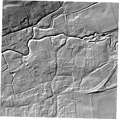 Shaded relief map of the ground around LN83TY, computed from Environment Agency LiDAR. The ground here sits at about 19 m above sea level and falls 12 m across the surrounding 800 m. Surface water reaching this point runs off ground lying to the south-west, 1.6 m higher.