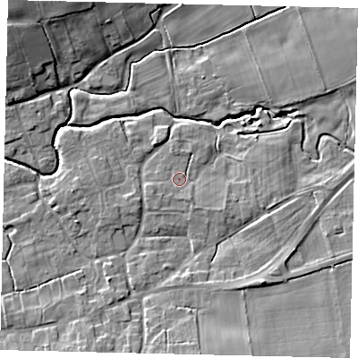 Shaded relief map of the ground around LN83UA, computed from Environment Agency LiDAR. The ground here sits at about 19 m above sea level and falls 11 m across the surrounding 800 m. Surface water reaching this point runs off ground lying to the south-west, 1.1 m higher.