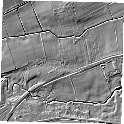 Shaded relief map of the ground around LN83UB, computed from Environment Agency LiDAR. The ground here sits at about 20 m above sea level and falls 7 m across the surrounding 800 m. Surface water reaching this point runs off ground lying to the east-north-east, 1.4 m higher.