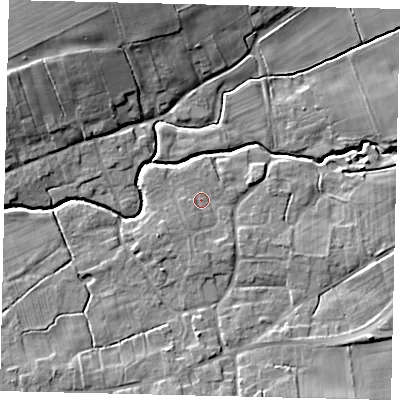 Shaded relief map of the ground around LN83UD, computed from Environment Agency LiDAR. The ground here sits at about 19 m above sea level and falls 12 m across the surrounding 800 m. Surface water reaching this point runs off ground lying to the south-south-east, 2.1 m higher.