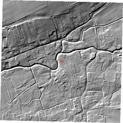 Shaded relief map of the ground around LN83UF, computed from Environment Agency LiDAR. The ground here sits at about 19 m above sea level and falls 13 m across the surrounding 800 m. Surface water reaching this point runs off ground lying to the north-north-west, 11.9 m higher.