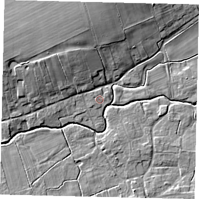 Shaded relief map of the ground around LN83UG, computed from Environment Agency LiDAR. The ground here sits at about 18 m above sea level and falls 14 m across the surrounding 800 m. Surface water reaching this point runs off ground lying to the west-north-west, 0.9 m higher.
