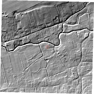 Shaded relief map of the ground around LN83UQ, computed from Environment Agency LiDAR. The ground here sits at about 18 m above sea level and falls 13 m across the surrounding 800 m. Surface water reaching this point runs off ground lying to the west, 0.6 m higher.