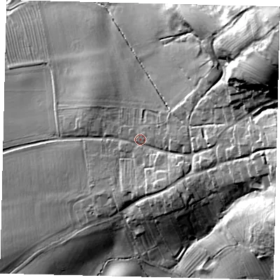Shaded relief map of the ground around LN83UR, computed from Environment Agency LiDAR. The ground here sits at about 60 m above sea level and falls 52 m across the surrounding 800 m. Surface water reaching this point runs off ground lying to the east, 17.5 m higher.