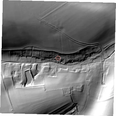 Shaded relief map of the ground around LN83UY, computed from Environment Agency LiDAR. The ground here sits at about 78 m above sea level and falls 51 m across the surrounding 800 m. Surface water reaching this point runs off ground lying to the north, 31.3 m higher.