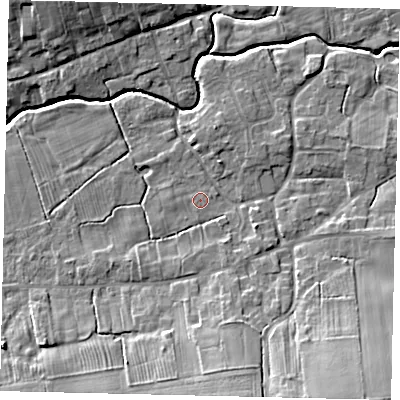 Shaded relief map of the ground around LN83WH, computed from Environment Agency LiDAR. The ground here sits at about 18 m above sea level and falls 14 m across the surrounding 800 m. Surface water reaching this point runs off ground lying to the south-south-east, 2.4 m higher.