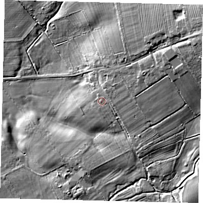 Shaded relief map of the ground around LN83XJ, computed from Environment Agency LiDAR. The ground here sits at about 48 m above sea level and falls 20 m across the surrounding 800 m. Surface water reaching this point runs off ground lying to the east-north-east, 4.6 m higher.