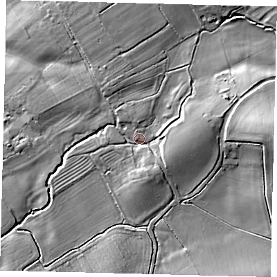 Shaded relief map of the ground around LN83YE, computed from Environment Agency LiDAR. The ground here sits at about 47 m above sea level and falls 21 m across the surrounding 800 m. Surface water reaching this point runs off ground lying to the east-north-east, 9.9 m higher.