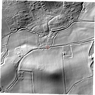Shaded relief map of the ground around LN83YF, computed from Environment Agency LiDAR. The ground here sits at about 52 m above sea level and falls 19 m across the surrounding 800 m. Surface water reaching this point runs off ground lying to the north-north-east, 9.2 m higher.