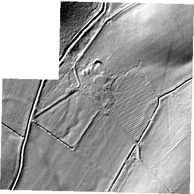 Shaded relief map of the ground around LN85JH, computed from Environment Agency LiDAR. The ground here sits at about 6 m above sea level and falls 11 m across the surrounding 800 m. Surface water reaching this point runs off ground lying to the west-north-west, 0.6 m higher.