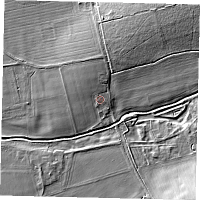 Shaded relief map of the ground around LN85JJ, computed from Environment Agency LiDAR. The ground here sits at about 7 m above sea level and falls 11 m across the surrounding 800 m. Surface water reaching this point runs off ground lying to the north, 2.6 m higher.