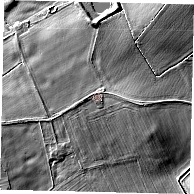 Shaded relief map of the ground around LN85JL, computed from Environment Agency LiDAR. The ground here sits at about 7 m above sea level and falls 10 m across the surrounding 800 m. Surface water reaching this point runs off ground lying to the east-north-east, 1.2 m higher.