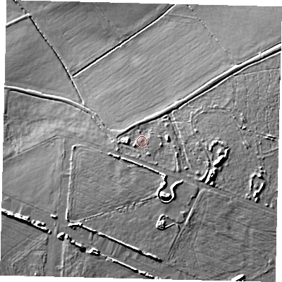 Shaded relief map of the ground around LN85JN, computed from Environment Agency LiDAR. The ground here sits at about 13 m above sea level and falls 12 m across the surrounding 800 m. Surface water reaching this point runs off ground lying to the east, 3.2 m higher.