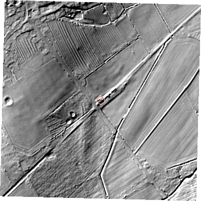 Shaded relief map of the ground around LN85LG, computed from Environment Agency LiDAR. The ground here sits at about 42 m above sea level and falls 20 m across the surrounding 800 m. Surface water reaching this point runs off ground lying to the north-west, 5.9 m higher.