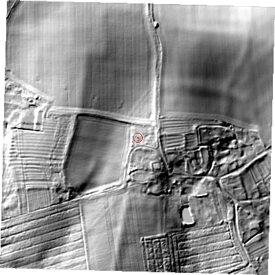 Shaded relief map of the ground around LN85LN, computed from Environment Agency LiDAR. The ground here sits at about 92 m above sea level and falls 32 m across the surrounding 800 m. Surface water reaching this point runs off ground lying to the north-east, 4.1 m higher.