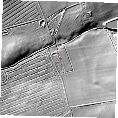 Shaded relief map of the ground around LN85LQ, computed from Environment Agency LiDAR. The ground here sits at about 35 m above sea level and falls 15 m across the surrounding 800 m. Surface water reaching this point runs off ground lying to the south-east, 11.7 m higher.