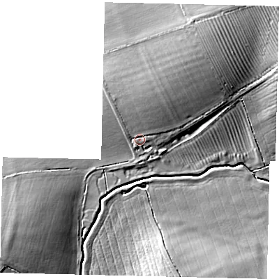 Shaded relief map of the ground around LN85NL, computed from Environment Agency LiDAR. The ground here sits at about 15 m above sea level and falls 12 m across the surrounding 800 m. Surface water reaching this point runs off ground lying to the north-north-east, 6.1 m higher.