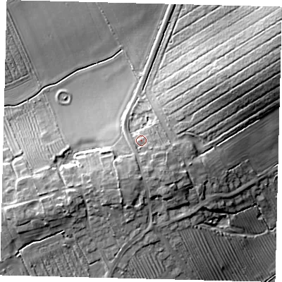 Shaded relief map of the ground around LN85RX, computed from Environment Agency LiDAR. The ground here sits at about 55 m above sea level and falls 16 m across the surrounding 800 m. Surface water reaching this point runs off ground lying to the south-south-east, 2.9 m higher.
