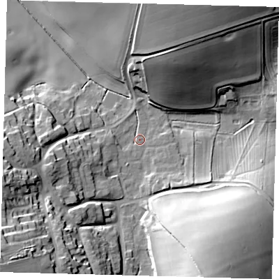 Shaded relief map of the ground around LN86DA, computed from Environment Agency LiDAR. The ground here sits at about 61 m above sea level and falls 33 m across the surrounding 800 m. Surface water reaching this point runs off ground lying to the south-west, 29.8 m higher.