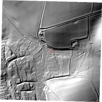 Shaded relief map of the ground around LN86DB, computed from Environment Agency LiDAR. The ground here sits at about 61 m above sea level and falls 31 m across the surrounding 800 m. Surface water reaching this point runs off ground lying to the north, 28.3 m higher.