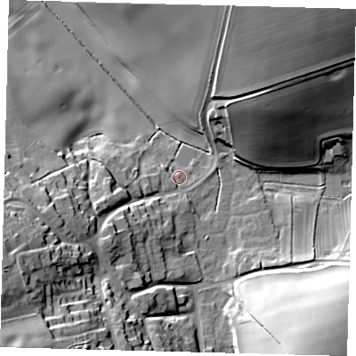 Shaded relief map of the ground around LN86DH, computed from Environment Agency LiDAR. The ground here sits at about 61 m above sea level and falls 35 m across the surrounding 800 m. Surface water reaching this point runs off ground lying to the west-south-west, 26.8 m higher.