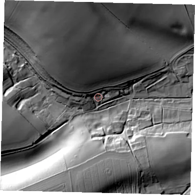 Shaded relief map of the ground around LN86HP, computed from Environment Agency LiDAR. The ground here sits at about 82 m above sea level and falls 47 m across the surrounding 800 m. Surface water reaching this point runs off ground lying to the north-north-west, 25.5 m higher.