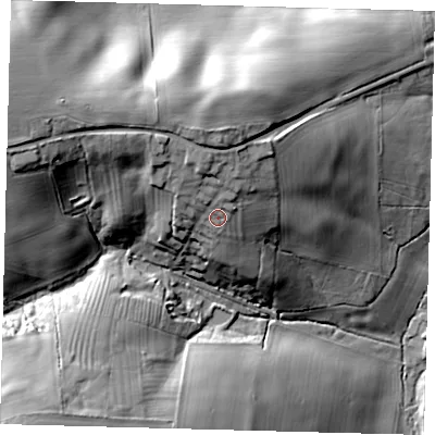 Shaded relief map of the ground around LN86JZ, computed from Environment Agency LiDAR. The ground here sits at about 104 m above sea level and falls 37 m across the surrounding 800 m. Surface water reaching this point runs off ground lying to the north-north-west, 5.6 m higher.