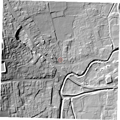 Shaded relief map of the ground around LN95AD, computed from Environment Agency LiDAR. The ground here sits at about 30 m above sea level and falls 24 m across the surrounding 800 m. Surface water reaching this point runs off ground lying to the north-west, 8.1 m higher.