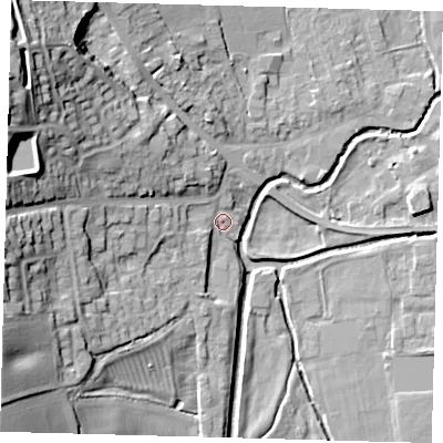 Shaded relief map of the ground around LN95AF, computed from Environment Agency LiDAR. The ground here sits at about 30 m above sea level and falls 27 m across the surrounding 800 m. Surface water reaching this point runs off ground lying to the west, 2.7 m higher.