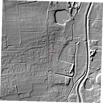 Shaded relief map of the ground around LN95AT, computed from Environment Agency LiDAR. The ground here sits at about 31 m above sea level and falls 14 m across the surrounding 800 m. Surface water reaching this point runs off ground lying to the north-west, 5.3 m higher.