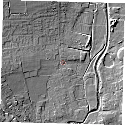 Shaded relief map of the ground around LN95AX, computed from Environment Agency LiDAR. The ground here sits at about 30 m above sea level and falls 12 m across the surrounding 800 m. Surface water reaching this point runs off ground lying to the north-west, 11.5 m higher.